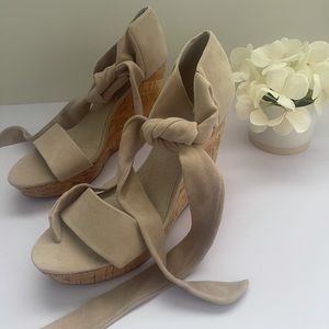 Saks Fifth Avenue Nude Suede 9.5 Wedge Ankle Tie Lace